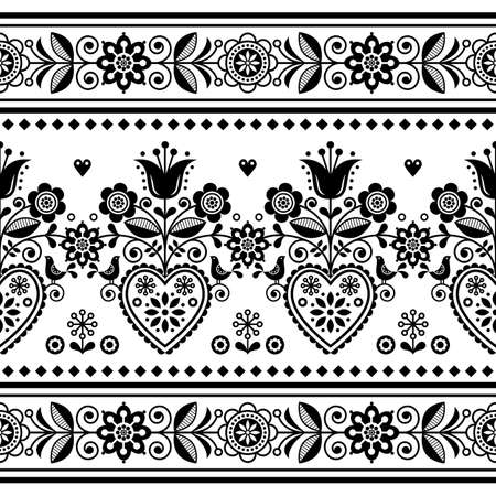 Scandinavian folk art seamless vector pattern with birds and flowers, Nordic repetitive decoration with flowers in black and whiteのイラスト素材