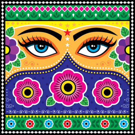 Pakistani or Indian truck art vector pattern, with female eyes, flowers, leaves and abstract shapesのイラスト素材