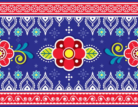 Indian and Pakistani truck art vector seamless pattern design with flowers and geometric shapes -...