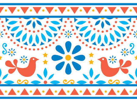 Mexican folk art vector long seamless pattern with birds and flowers, textile or greeting card design inspired by traditional art form Mexicoのイラスト素材