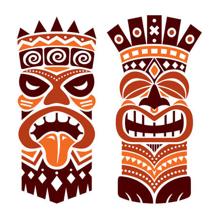 Tiki statue pole totem vector design - traditional decor set from Polynesia and Hawaii, tribal folk art background in brownのイラスト素材