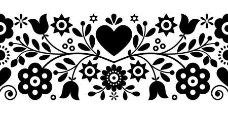 Retro Polish floral folk art vector greeting card or seamless black pattern inspired by old highlanders embroidery Lachy Sadeckie from Nowy Sacz in Polandのイラスト素材