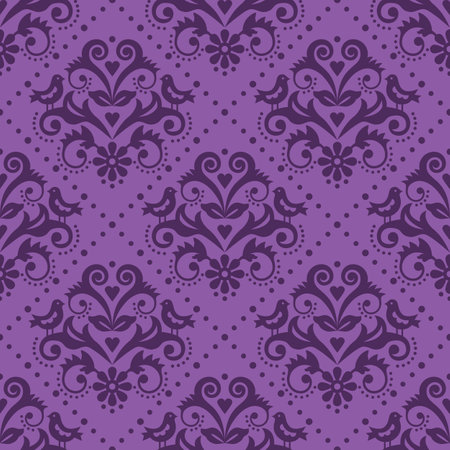 Damask tiled pruple textile or fabric print vector pattern with flowers and birds in frame, classic repetitive designのイラスト素材