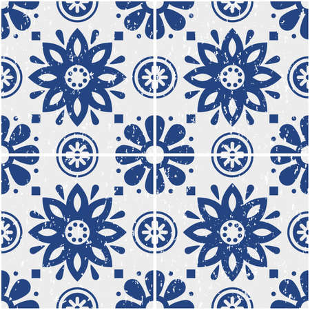Portuguese Azulejo tiles seamless vector pattern - old scratched style, retro design with flowers in...