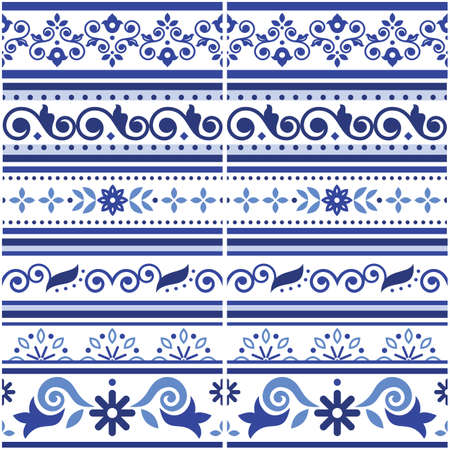 Lisbon style Azulejo tile seamless vector border or fram pattern collection, retro navy blue design set inspired by art from Portugal with floral and geometric motifのイラスト素材