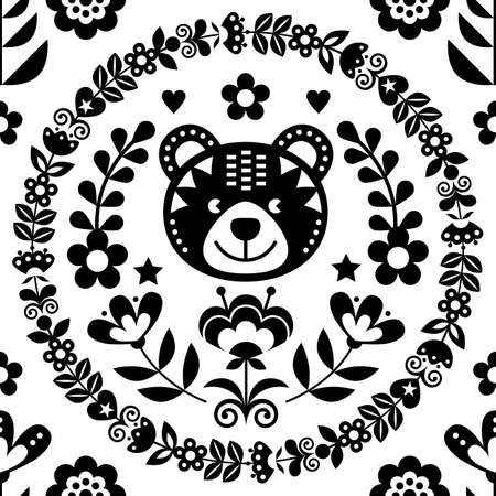 Scandinavian seamless vector folk art pattern with bear, flowers and wreath, Nordic black and white...
