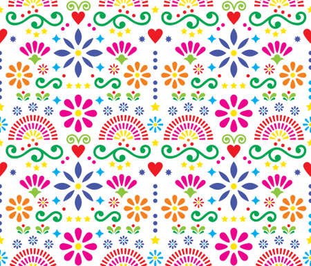 Mexican vibrant folk art seamless vector textile or fabric print pattern, colorful design with flowers wallpaper inspired by traditional designs from Mexicoのイラスト素材