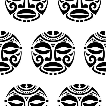 Polynesian Maori face tattoo vector seamless pattern, Hawaiian man or woman tribal repetitive designのイラスト素材