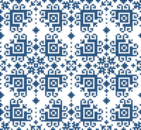 Floral traditional Zmijanje cross stitch style vector folk art seamless pattern - textile or fabric print design from Bosnia and Herzegovinaのイラスト素材