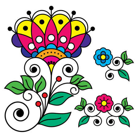 Scandinavian folk art flower vector design set, retro floral patterns inspired by the traditional art from Swedenのイラスト素材