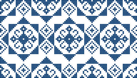 Zmijanjski vez traditional cross-stitch inspired vector seamless pattern - textile or fabric print folk art design in navy blue from Bosnia and Herzegovinaのイラスト素材