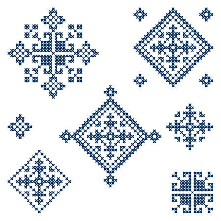 Zmijanje folk art embroidery style vector design elements set - traditional cross stitch from Bosnia and Herzegovina called Zmijanski vezのイラスト素材