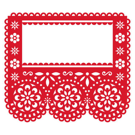 Papel Picado party garland decoration - vector template design with empty space for text, red Mexican paper cut out background with flowers and geometric shapesのイラスト素材
