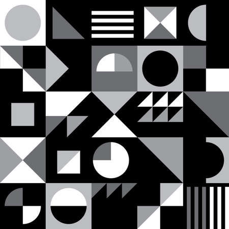 Geometric mid-century modern vector seamless pattern - 60's and 70's funky pattern with triangles, circles and abstract shapesのイラスト素材