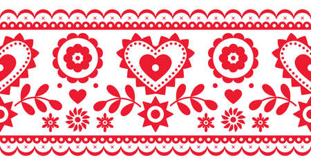 Floral folk art vector seamless embroidery long horizontal pattern inspired by traditional designs Lachy Sadeckie from Poland - textile or fabric print ornamentのイラスト素材