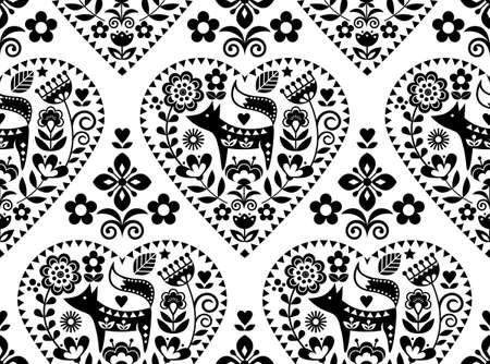Valentine's Day Nordic repetitive ornament with fox and floral motif on white background in black and whiteのイラスト素材
