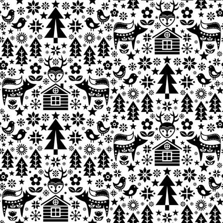 Christmas Scandinavian and Nordic folk art style seamless vector pattern wtih reindeer, birds, snowflakes and flowers - black and white textile or fabric printのイラスト素材