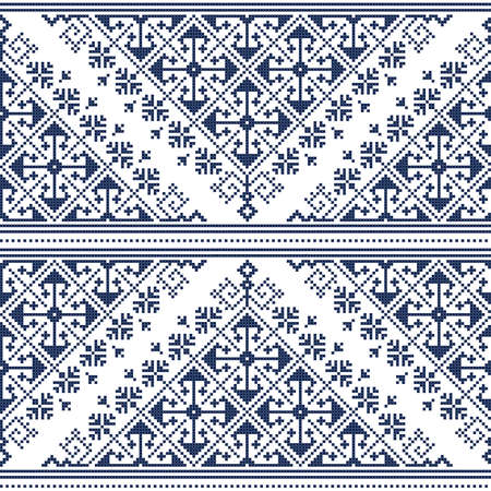 Bosnia and Herzegovian's traditional Zmijanski vez cross stitch style vector seamless pattern, geometric navy blue folk art ornamentのイラスト素材