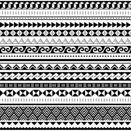 Polynesian tribal geometric seamless vector pattern set, Hawaiian traditional design collection inspired by Maori tattoo artのイラスト素材