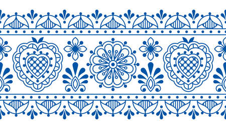 Nordic and Scandinavian folk art outline vector seamless long pattern with flowers and border, floral decorative textile or fabric print design with flowers inspired by old embroideryのイラスト素材