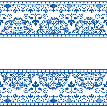 Scandinavian folk art outline vector seamless greeting card pattern, navy blue repetitve design with flowers inspired by lace and embroidery backgroundsのイラスト素材