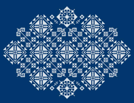 Balkan folk art vector pattern styled as traditional Zmijanje embroidery design from Bosnia and Herzegovina, unique ethnic ornament in white on navy blueのイラスト素材
