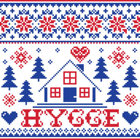 Hygge vector cross-stitch winter or Christmas seamless pattern - Danish and Norwegian design with home, trees, snow and heartsのイラスト素材