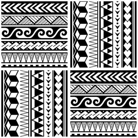 Polynesian tribal seamless vector pattern with geometric shapes - triangles, waves zig-zag, ethnic Hawaiian textile or fabric print in black and whiteのイラスト素材