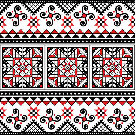 Ukrainian Pysanky vector seamless folk art pattern - Hutsul Easter eggs repetitive design in black and redのイラスト素材