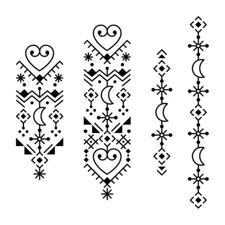 Minimalist tribal or neotribal line art vector long vertical patterns collection with moons and hearts, geometric ornamental design set inspired by old Nordic Viking rune artのイラスト素材
