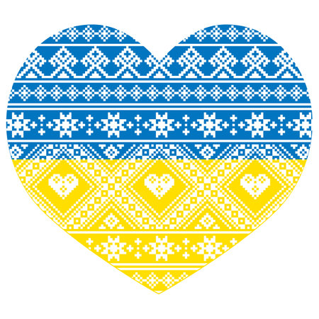 Ukrainian flag - heart shape with Vyshyvanka folk art vector seamless pattern, traditional emboidery designのイラスト素材