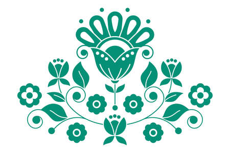 Scandinavian green spring folk art vector design inspired by traditional embroidery patterns from Sweden, retro decoration with flowers, swirls and leaves motifのイラスト素材