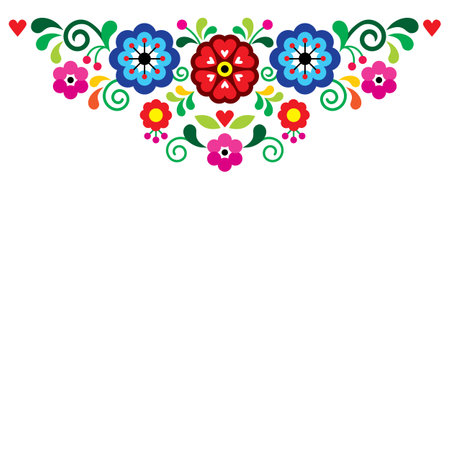 Mexican traditional embroidery style vector greeting card or wedding invitation design, retro top pattern set with flowers leaves and heartsのイラスト素材