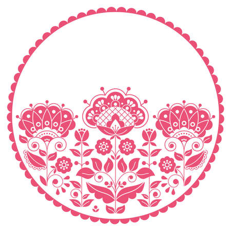Scandinavian folk art floral vector round pattern, Swedish pink retro cute floral design in circleのイラスト素材