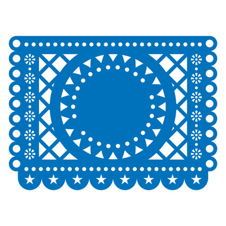 Papel Picado vector template design with round blank space for text inspired by traditional cut out fiesta decorations from Mexico in blueのイラスト素材