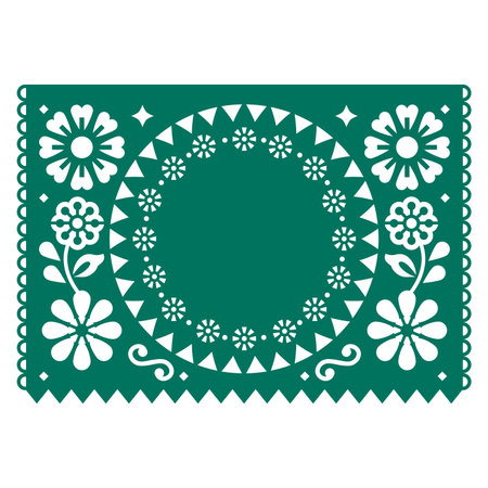 Party paper cutout decoration Mexican Papel Picado vector design, decorative background with flowers and empty space for textのイラスト素材