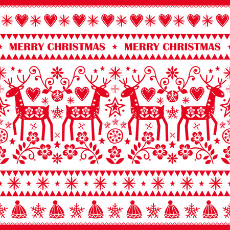 Merry Christmas folk art style vector seamless pattern with reindeer, flowers and stars, Scandinavian festive repetitive design perfect for greeting card, textile or fabric printのイラスト素材