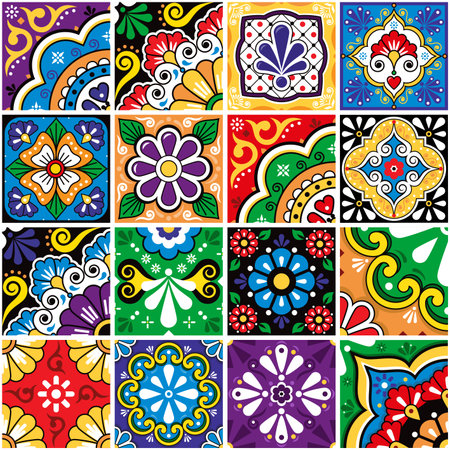 Mexican tiles big set collection, talavera ornaments vector seamless design with flowers and swirlsのイラスト素材