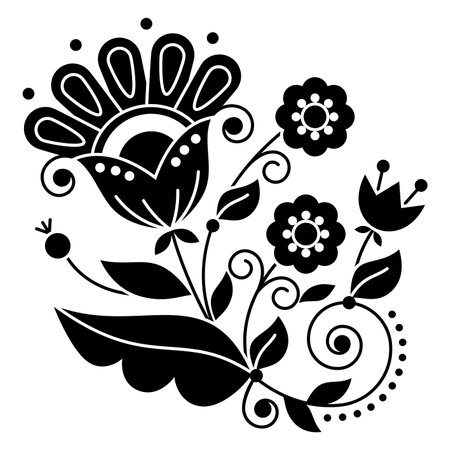 Floral folk art vector design inspired by traditional embroidery patterns from Sweden, Scandinavian retro decoration with black and white flowers, swirls and leavesのイラスト素材