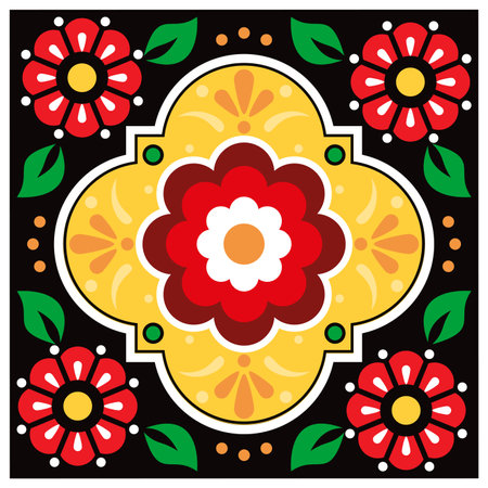 Mexican Vector seamless and single tile pattern - ceramic traditional talavera style with flowers and swirls perfect for home decor, textiles or fabric printのイラスト素材