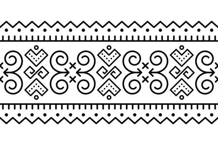 Slovak tribal folk art vector seamless black long horizontal geometric pattern inspired by Cicmany folk art in Slovakiaのイラスト素材