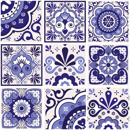 Mexican talavera tiles vector seamless navy blue pattern with flowers leaves, hearts and swirls - big set, repetitive design styled as Mexican ornamental tilesのイラスト素材