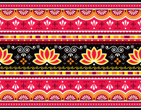 Pakistani or Indian truck art seamless vector pattern with lotus flowers, cool decorative floral designのイラスト素材