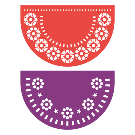 Papel Picado vector template design set of two party decorations, Mexican fiesta garland decor with flowers and empty space for textのイラスト素材