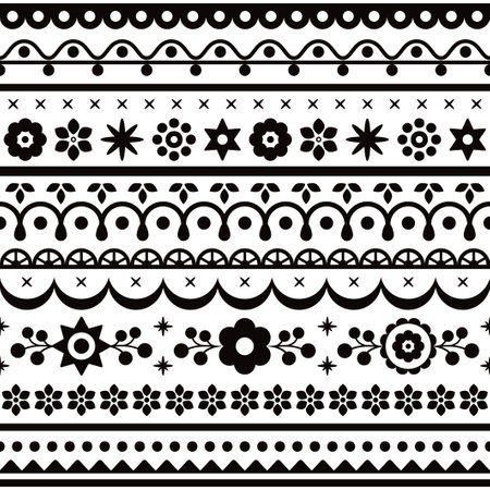 Polish floral folk art vector seamless textile pattern collections with flowers inspired by traditional highlanders embroidery Lachy Sadeckie in black and whiteのイラスト素材