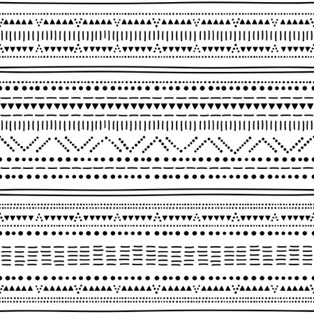 Prehistoric pottery Bell Beaker culture inspired seamless pattern with dots and lines set in black and whiteのイラスト素材