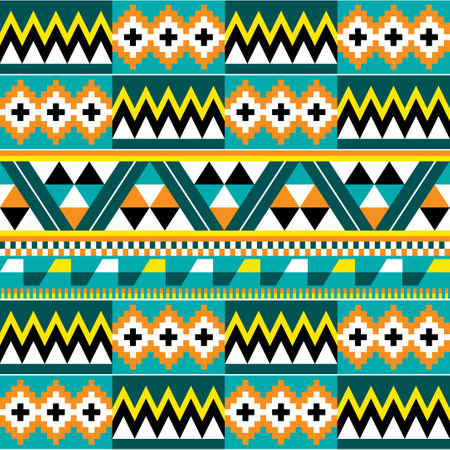 Tribal african dress style geometric seamless vector pattern, inspired by Kente nwentoma designs from Ghana in yellow, green and orangeのイラスト素材