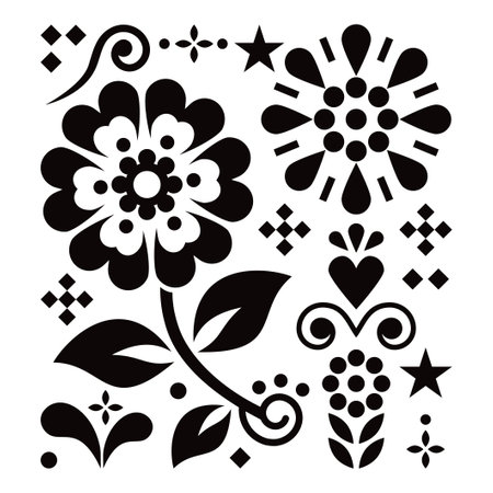 Mexican traditional folk art vector geometric pattern with flowers and leaves, inspired by designs from Mexico in black and whiteのイラスト素材