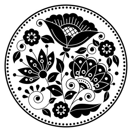 Swedish folk art vector mandala design pattern with flowers, leaves and swirls in frame inspired by the traditional embroidery from Scandinavia in black and whiteのイラスト素材
