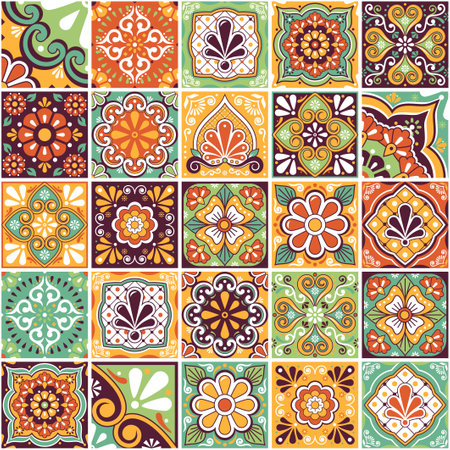 Mexican traditional tiles big collection, talavera vector seamless pattern perfect for wallaper, textile or fabric print - retro colorsのイラスト素材